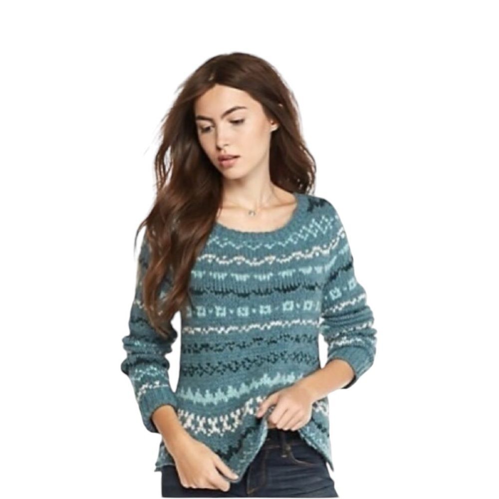 Free People Through The Storm Sea Blue Fair Isle Chunky Knit Long Sleeve Sweater
